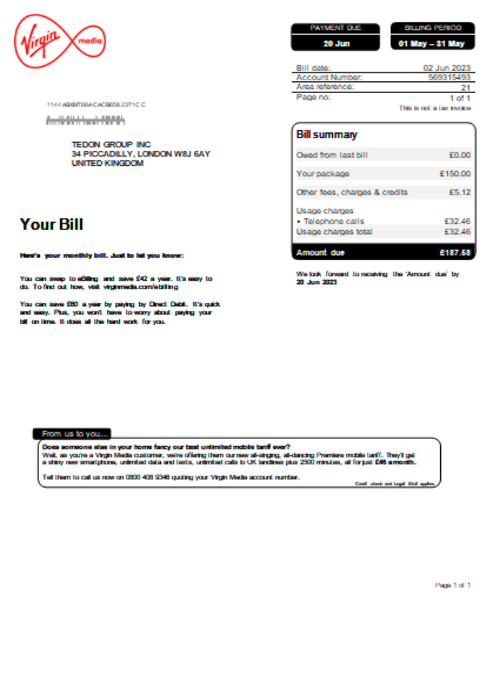 Virgin Media utility business bill SCR PSD template